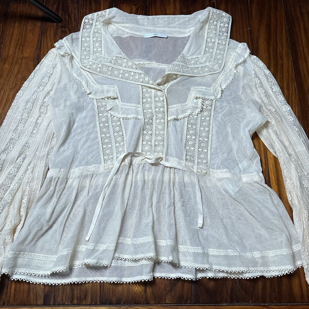 High Claire Campbell Ivory Floral Mesh Lace Ribbon Sheer Blouse Dainty Luxury 6